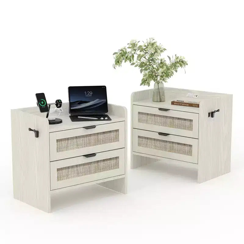 Table de chevet en rotin, tables de nuit avec station de recharge Type-C