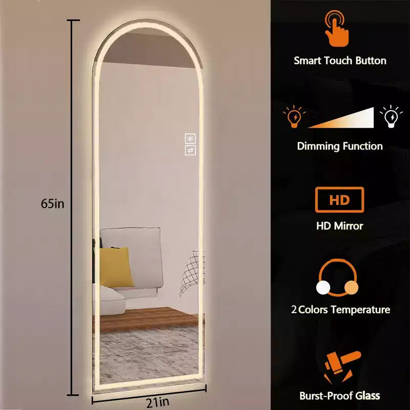Miroir LED plein pied arqué avec modes d'éclairage réglables