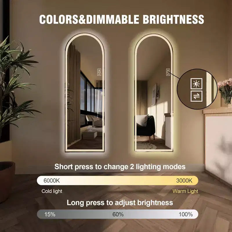 Miroir LED plein pied arqué avec modes d'éclairage réglables