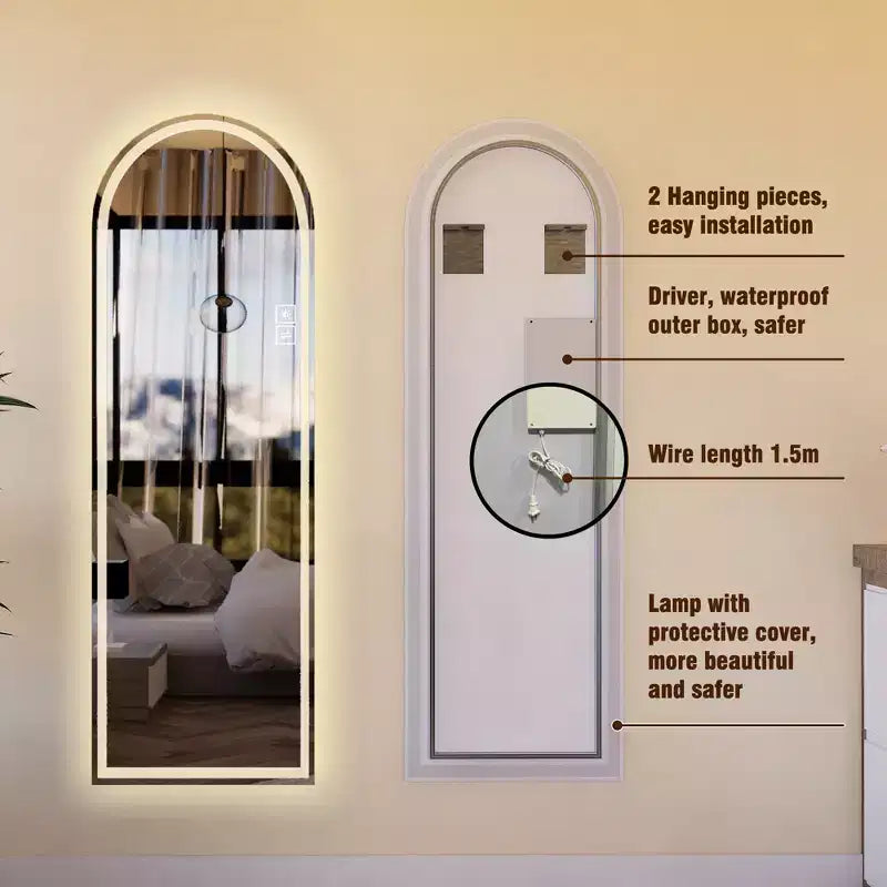 Miroir LED plein pied arqué avec modes d'éclairage réglables