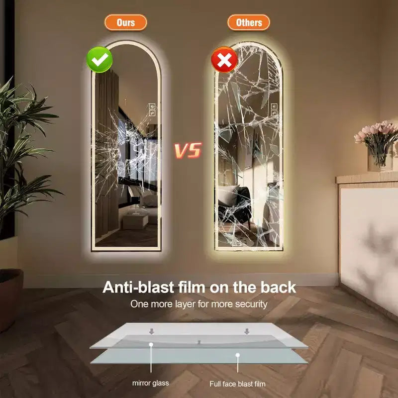 Miroir LED plein pied arqué avec modes d'éclairage réglables