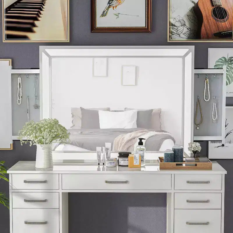 Miroir contemporain avec éclairage LED et prise USB, blanc lumineux