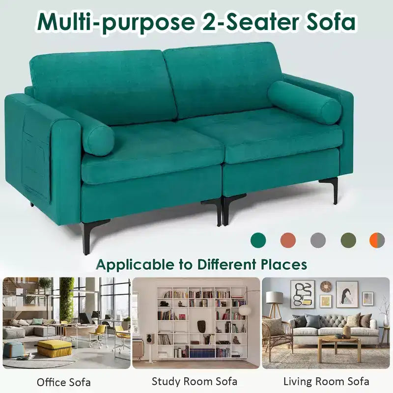 Canapé causeuse moderne 2 places avec 2 traversins et pochette de rangement latérale, couleur sarcelle